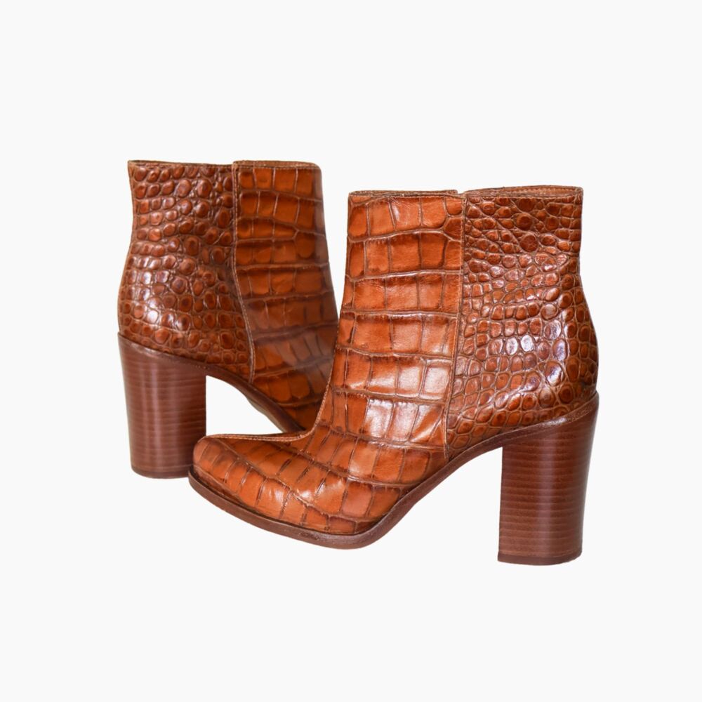 Vince Camuto Paitrilla Block Heel Croc Embossed Bootie in Brandy 7